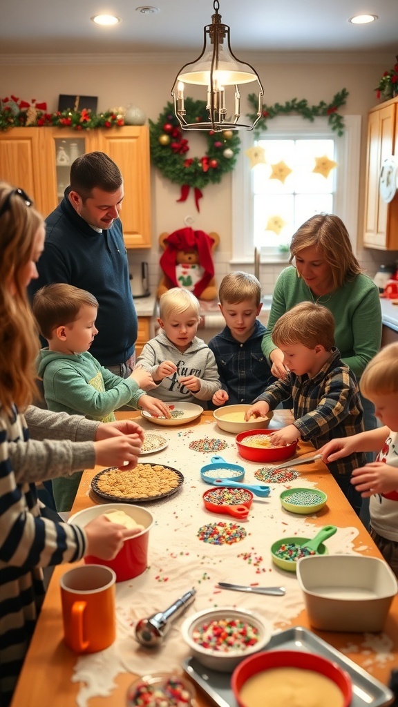 Family baking Christmas cookies together in a cozy kitchen.